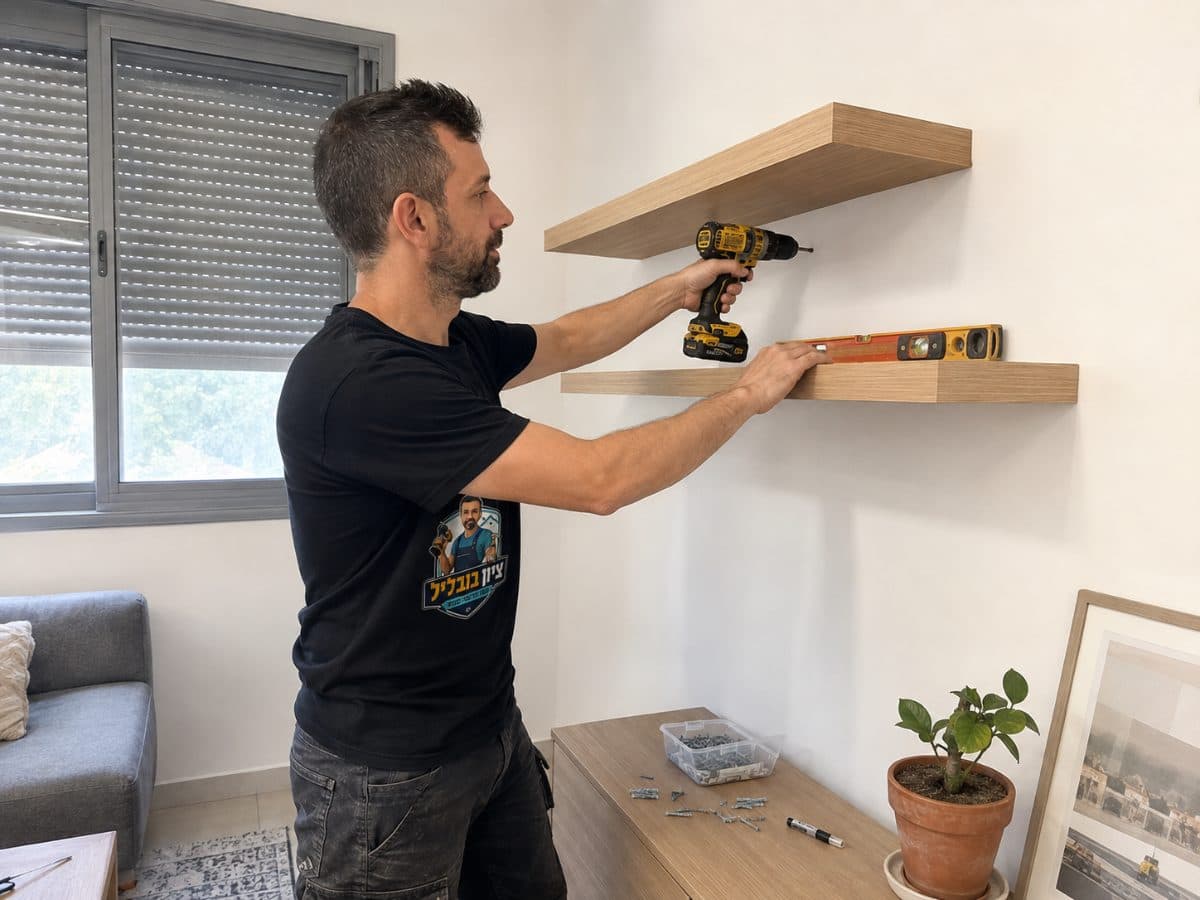 מקדחה קודחת חור בקיר לתליית מדף, עם אבק שיוצא מהחור